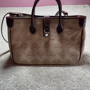 Dooney & Bourke TanCanvas Leather Signature D&B. Double Handle Tote Sachel Bag.